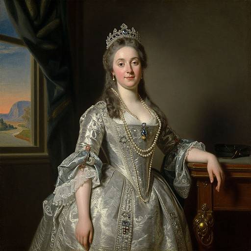 Painting of a regal 18th-century woman in a silver, intricately embroidered gown, pearl necklace, tiara, standing in a dark