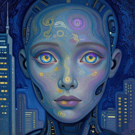 Digital artwork of a futuristic, blue-toned alien child with glowing blue eyes, intricate circuit patterns on face, and cityscape background.