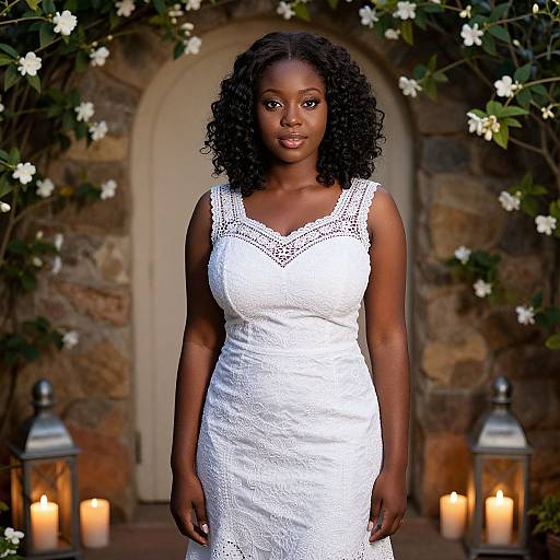 Photograph of a beautiful, dark-skinned woman with curly hair in a white lace wedding dress, standing in front of a stone archway with candles