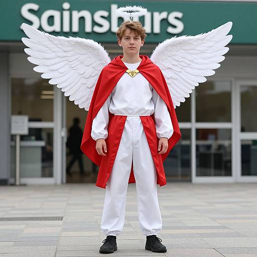 Photograph of a young boy with curly brown hair, white angel wings, red cape, white outfit, black shoes, standing in front of a S