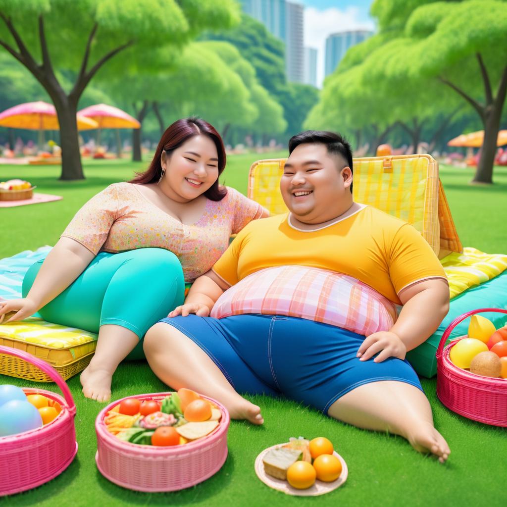 Joyful Curvy Asian Couple in a Park