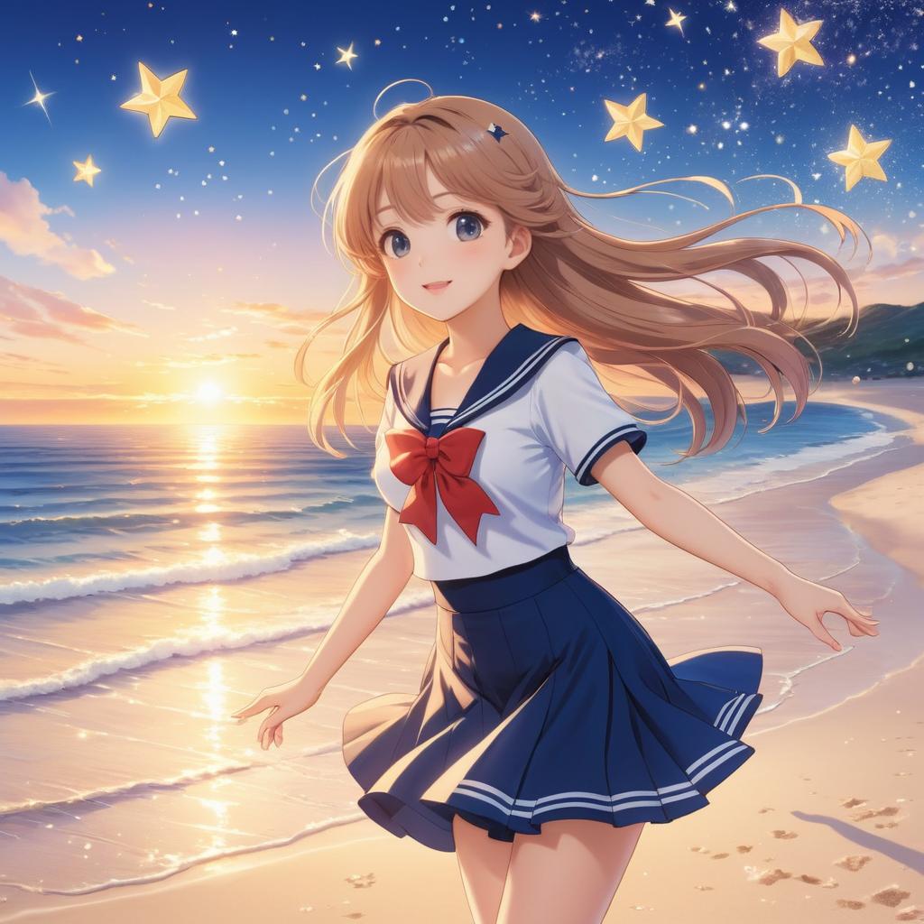 Joyful Girl in Sailor Outfit at Sunset