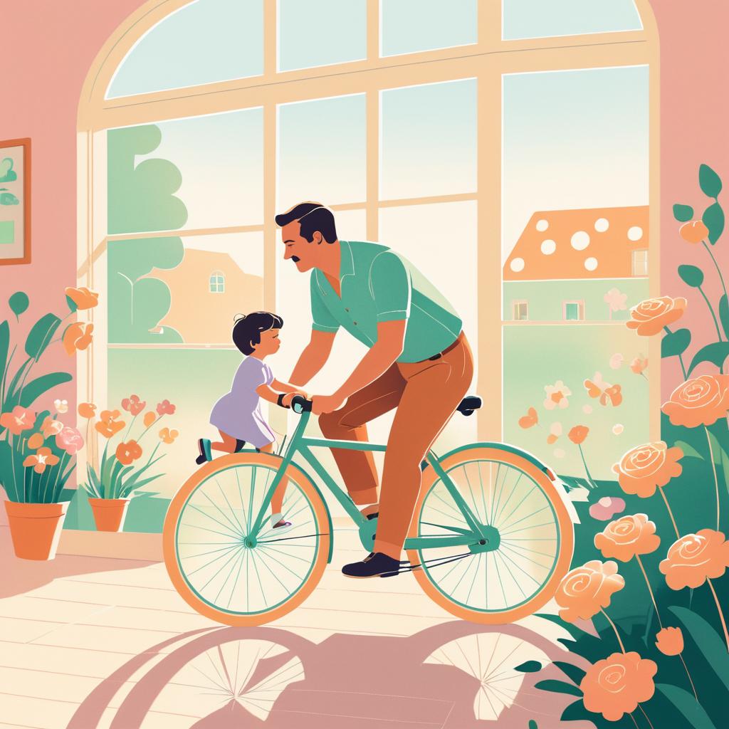 Nostalgic Father and Child Bicycle Lesson