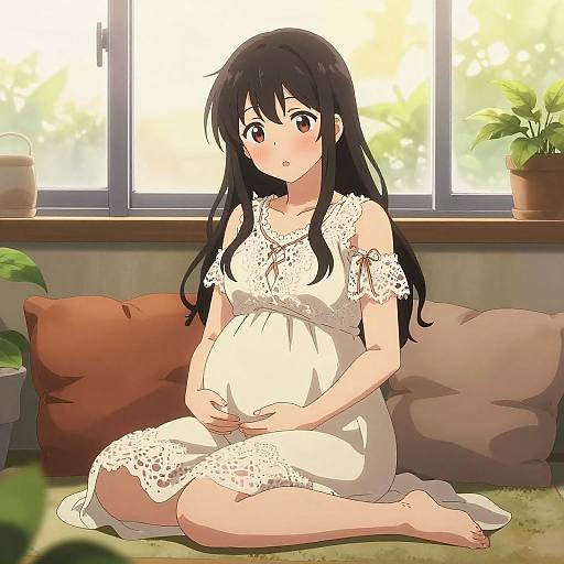 Anime-style digital illustration of a pregnant woman with long black hair, wearing a white lace dress, sitting on a couch in a sunlit room with p