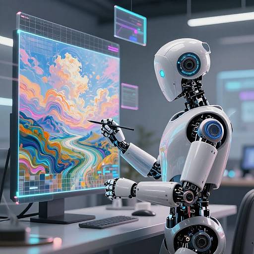 Photorealistic CGI of a white, humanoid robot with blue glowing eyes, creating vibrant, wavy digital art on a computer screen in a modern,