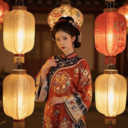 Photograph of an Asian woman in a detailed red floral kimono, standing between glowing lanterns, with a traditional Japanese backdrop.
