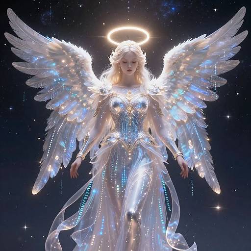 Digital artwork of a radiant blonde angel with glowing white wings, halo, and blue-tinged silver dress, set against a starry night sky.