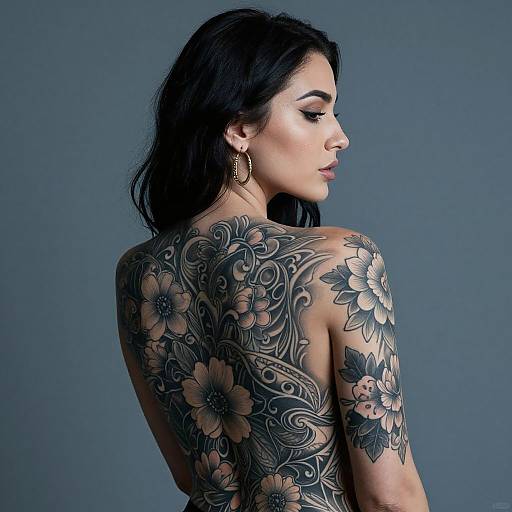 Photograph of a woman with dark hair, facing left, showcasing intricate black and gray floral tattoo sleeve and shoulder on a gray background.
