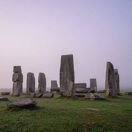 Photograph of ancient Stonehenge standing tall in a misty, grassy field, with tall, weathered, gray stones under a pale blue