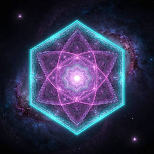 Neon pink and blue geometric mandala with glowing star-like center, set against a dark, star-speckled cosmic background. Digital art.