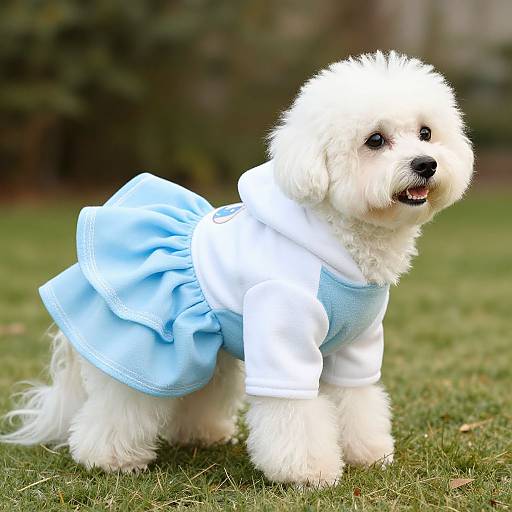 Photograph of a fluffy white dog wearing a light blue dress, standing on green grass with a blurred tree background.
