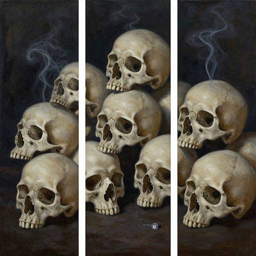 Photograph of three panels showing a cluster of six yellowish, detailed human skulls with dark, smoky backgrounds and subtle cracks.