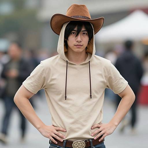 Young Asian man with black hair, wearing a brown cowboy hat and white hoodie, stands with hands on hips in a bustling outdoor market. Photograph.