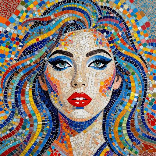 Vibrant mosaic portrait of a woman with blue eyes, red lips, and flowing multicolored hair, surrounded by a kaleidoscope of colorful