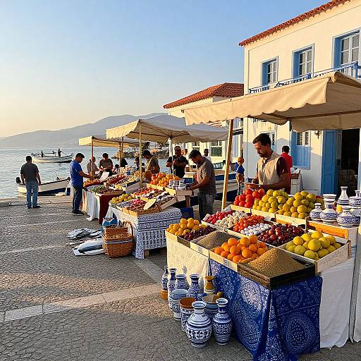 Vibrant outdoor market by the sea; colorful fruit stalls under beige awnings, blue-and-white pottery, people shopping, white building, clear sky