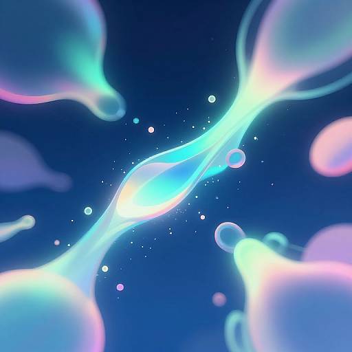 Digital art of glowing, abstract blue and white light forms against a deep blue background, with sparkling dots scattered throughout.