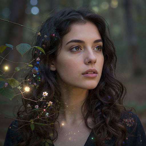 Photograph of a young woman with curly dark hair, fair skin, and brown eyes, gazing thoughtfully in a forest, surrounded by glowing fairy