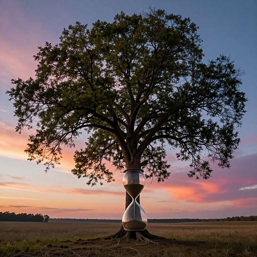 Photograph of a large, silhouetted tree with a white, cone-shaped structure at its base, set against a vibrant sunset sky with pink