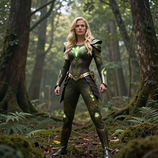Blonde Superhero in Mystical Forest