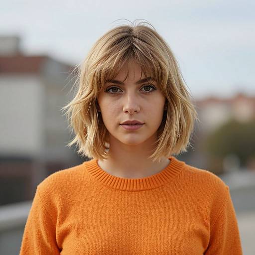 Photograph of a young woman with shoulder-length blonde hair, wearing an orange knit sweater, standing outdoors with a blurred urban background.