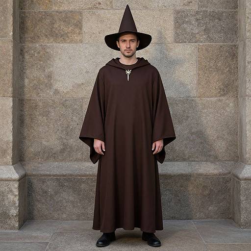 Photograph of a man in a black witch's robe and pointed hat, standing against a stone wall, with a neutral expression.