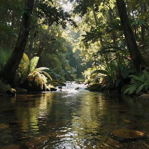 Photograph of a serene, sunlit forest stream with clear water flowing over rocks, surrounded by lush green ferns and tall trees.