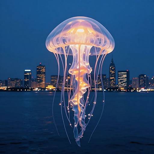 Photograph of a glowing, translucent jellyfish with orange-lit interior floating in a dark blue ocean at night, with a city skyline of lit buildings