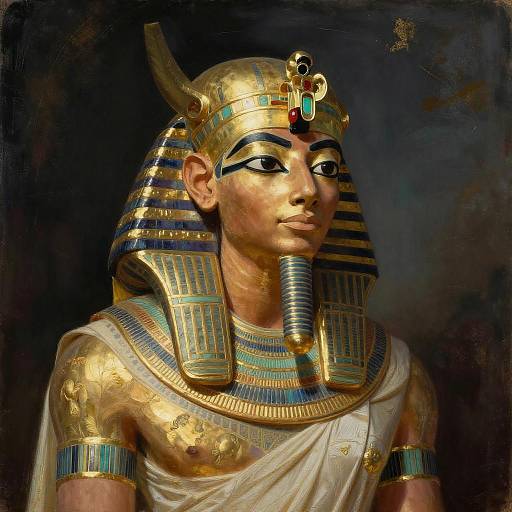 Digital painting of an ancient Egyptian pharaoh with gold and blue striped headdress, gold jewelry, and white linen, against dark background.