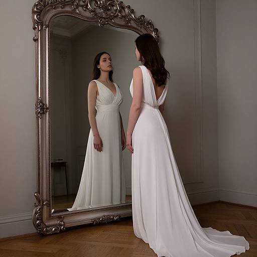 Photograph of a woman with long dark hair, wearing a sleeveless, backless white wedding dress, standing in front of an ornate, large