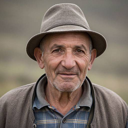 Photograph of an elderly man with weathered skin, gray beard, wearing a gray fedora, blue plaid shirt, and brown cardigan,