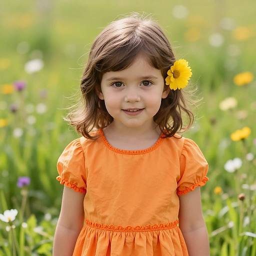 Photograph of a young girl with light brown hair, wearing an orange dress and a yellow flower in her hair, standing in a sunny, colorful me