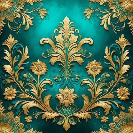 Elegant Gold Floral Baroque Ornament on Teal Background