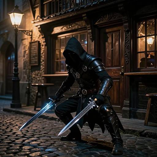 Photograph of a hooded, armored ninja with glowing blue swords, crouching on a cobblestone street at night, illuminated by a vintage