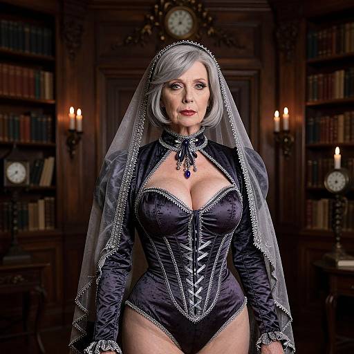 Digital art of a silver-haired woman in a dark purple, Victorian-style corset with intricate lace and veil, standing in a dimly lit, wooden