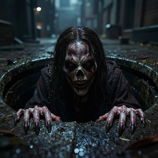 CGI horror image of a skeletal, grimacing creature with long black hair, glowing eyes, and sharp claws emerging from a wet, dark alley drain