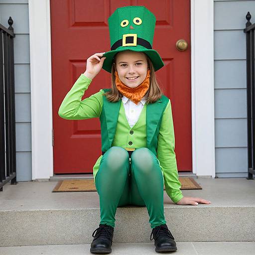 Photograph of a smiling young girl in a green leprechaun outfit, including hat with gold buckle, orange scarf, and green tights,