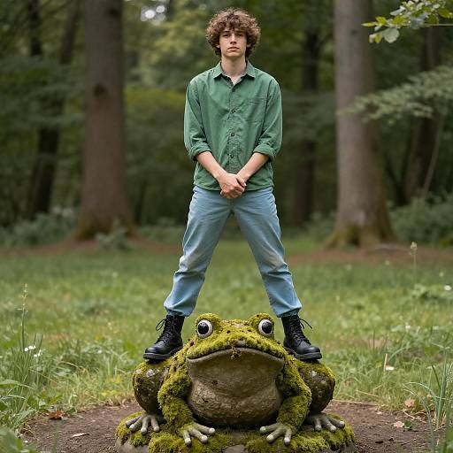 Young Man in Forest with Frog Sculpture