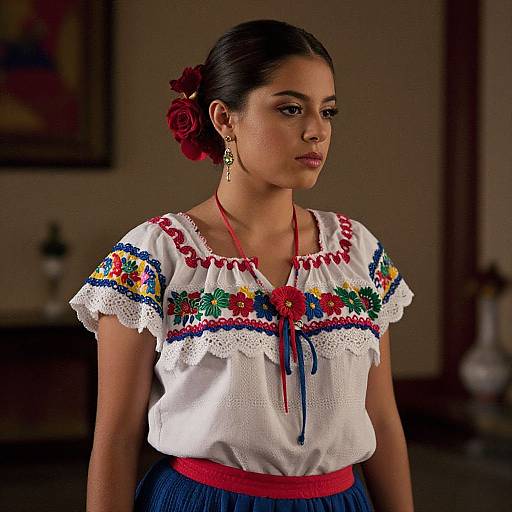 Photograph of a Latina woman with dark hair in a red rose bun, wearing a white embroidered blouse with red, blue, and green floral patterns,