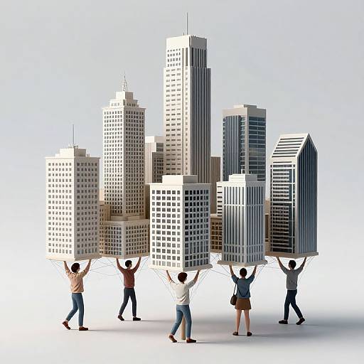 Digital illustration of six people lifting a city skyline of tall, modern skyscrapers with arms raised, set against a white background.