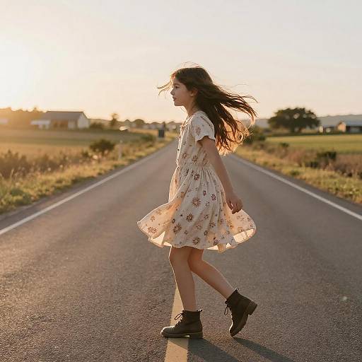 Photograph of a young girl with long brown hair, wearing a floral dress and black boots, walking on an empty road at sunset.