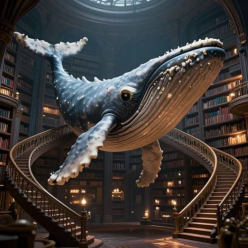 Photorealistic CGI of a giant, white-scaled, textured whale sculpture with spiral staircase in grand, dimly lit library. Warm lights illuminate shelves