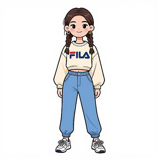 Digital drawing of a young girl with brown braided hair, wearing a white 