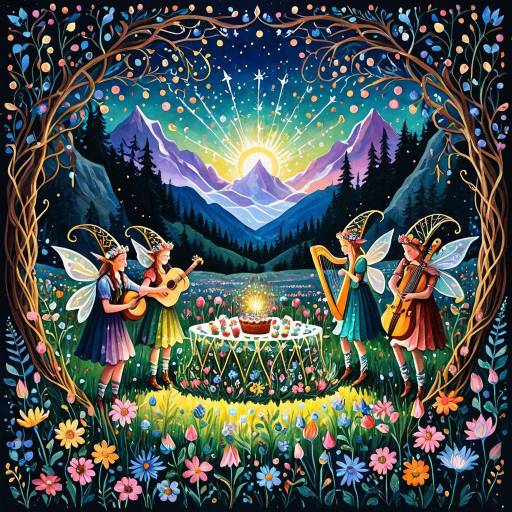 Whimsical Elves Celebrating in Flower Meadow