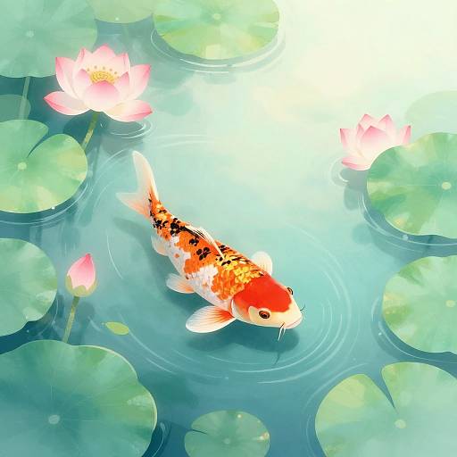 Digital illustration of a vibrant orange and black koi fish swimming among pink lotus flowers and green lily pads on a calm, blue water surface.