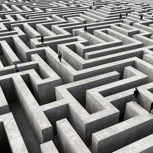 Black-and-white photograph of four small silhouetted figures navigating a massive, intricate, concrete maze with sharp, block-like walls.