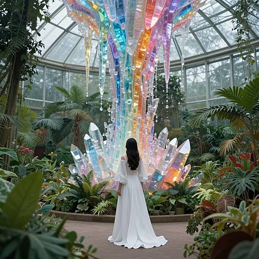 Photograph of a woman in a white, long-sleeved gown standing in a lush greenhouse, facing radiant, colorful crystal formations.