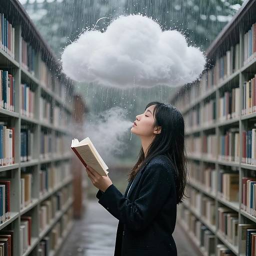 Photograph of an Asian woman with long black hair, wearing a black coat, reading a book in a rainy library aisle, with a glowing white cloud