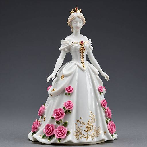 Photograph of a white porcelain queen doll in an off-shoulder white gown adorned with pink roses and gold embroidery, wearing a gold crown, against