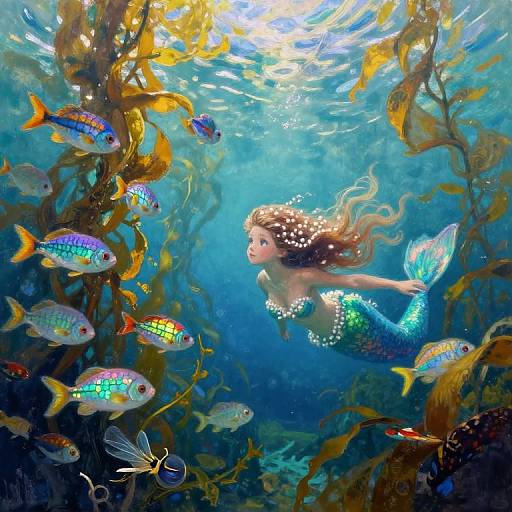 Digital painting of a mermaid with long, wavy blonde hair and shimmering blue scales, swimming among colorful, iridescent fish and golden seaw
