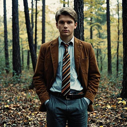 Young Man in Forest Wearing Brown Jacket and Necktie